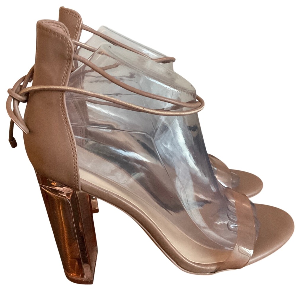 Aldo Bekka Blush Clear Ankle Tie Transparent Block Heel Sandals 8.5 1078684